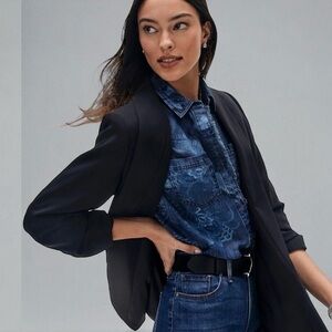 NEW Chico’s Black Blazer Jacket Ruched 3/4 Sleeves Open Front Oversized Sz 8